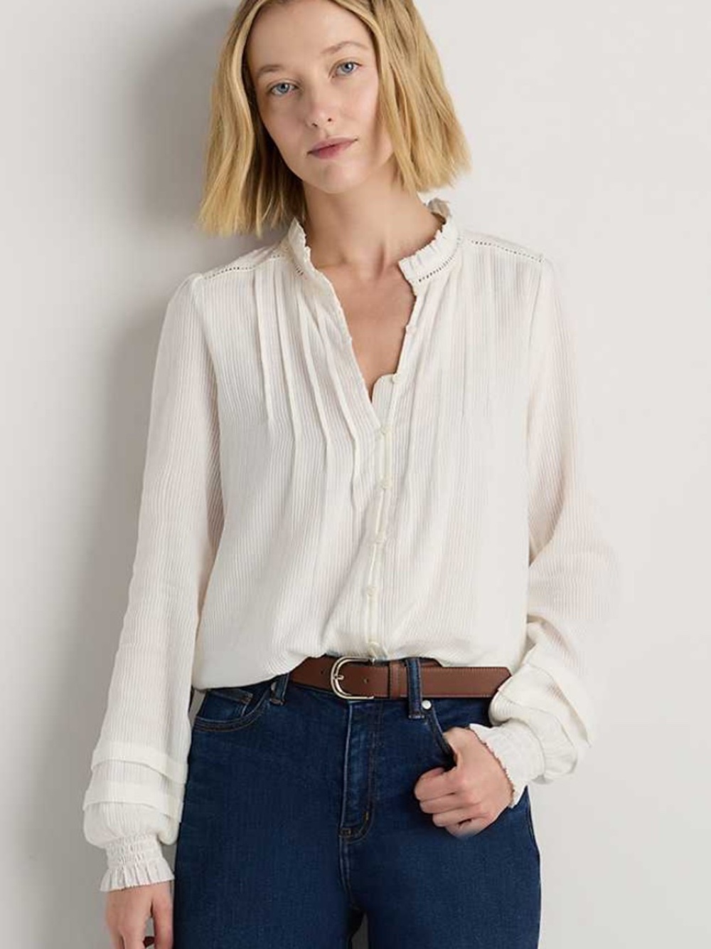 Quince White Textured Organic Cotton Peasant Blouse Small